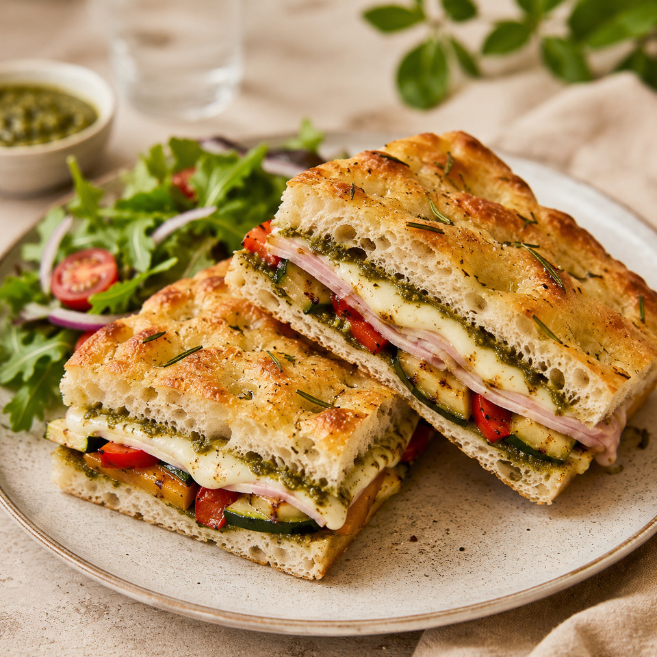 2. CROQUE-MONSIEUR AU JAMBON, LÉGUMES GRILLÉS ET PESTO
